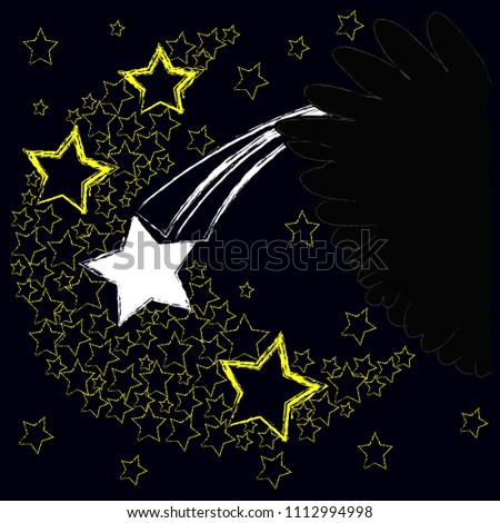 Good Night and Sweet Dreams.Night scene with moon,stars,shooting star and wings from the owl.Nature.
