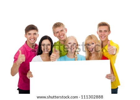Happy smile group of young people holding a blank white card board, signboard, show thumb up gesture empty bill board Isolated over white background