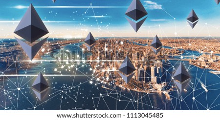 Ethereum with aerial view of Manhattan, NY skyline