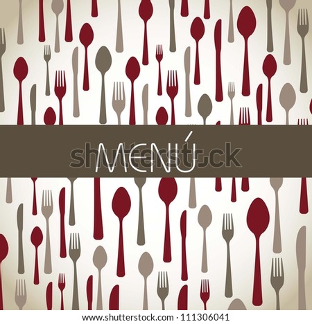 spoon, fork and knife over brown background, menu. vector