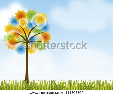 landscape with colorful tree over grass background. vector