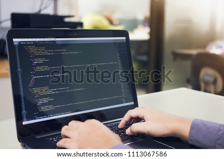 Developing programming and coding technologies on desk white, Website design, Programmer working in a software develop company office,Data processing center, Server room
