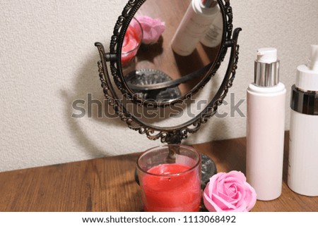 Skin Care Cosmetic, mirror, rose and candle