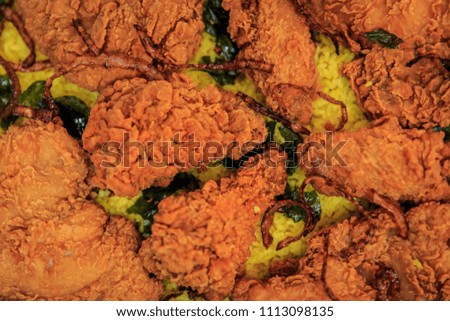 Fried Chicken Pieces on Rice. Close Up