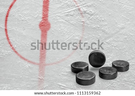Fragment of the hockey arena with markings and washers. Concept, hockey