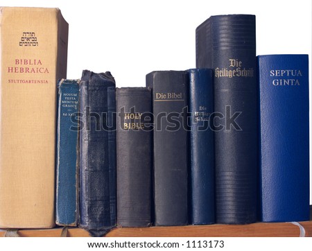 Shelf of Bibles in different versions and languages Royalty-Free Stock Photo #1113173