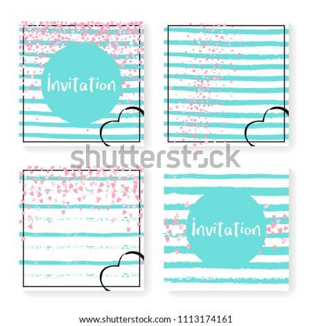 Wedding confetti with stripes. Invitation set. Pink hearts and dots on mint and white background. Design with wedding confetti for party, event, bridal shower, save the date card.