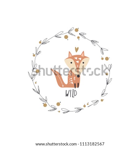 Cute fox art and floral frame, wreath. Baby print, sticker. Vector and jpg image. Clipart, isolated details, handcrafted.