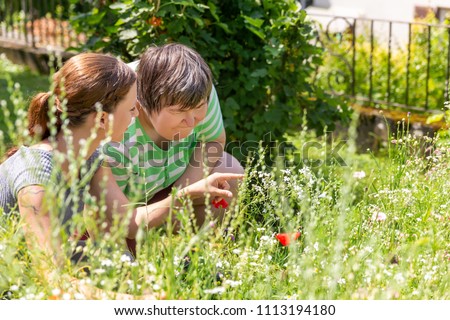 woman is showing an mental disabled woman a flower in a flower meadow Royalty-Free Stock Photo #1113194180