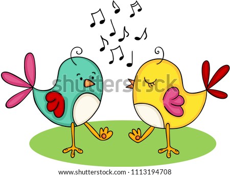 Cute couple of birds singing and dancing