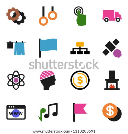 solid vector ixon set - drying clothes vector, atom, music, flag, dollar coin, hierarchy, gymnast rings, satellite, delivery, touchscreen, head bandage, browser, gear, fireplace