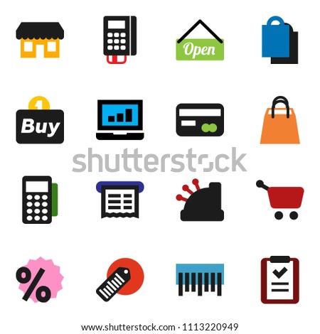 solid vector ixon set - laptop graph vector, barcode, credit card, open, shopping bag, percent, store, buy, reader, cashbox, receipt, cart, list