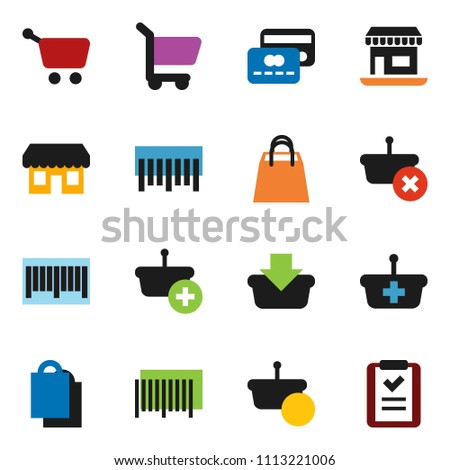 solid vector ixon set - office vector, barcode, credit card, shopping bag, store, basket, cart, list