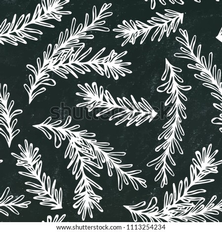 Black Board Background. Seamless Endless Pattern of Rosemary Branch. Aromatic Healing Herb. Fresh Cooking BBQ Ingredient. Steak Meat Spice. Hand Drawn Illustration. Savoyar Doodle Style.