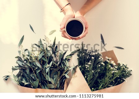 Aerial view of woman drink coffee in the morining