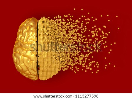 Desintegration Of Golden Digital Brain On Red Background. 3D Illustration.