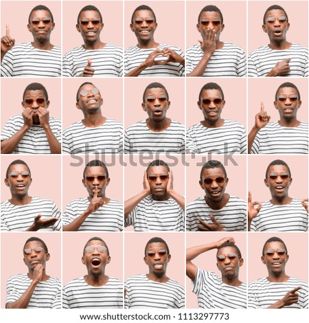 Young african man, different emotions collage over pink background