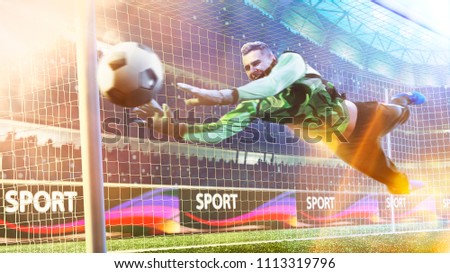 Goalkeeper catches the ball in the soccer stadium