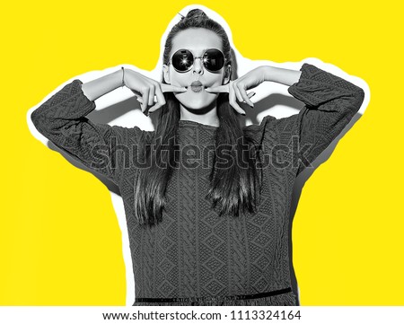 beautiful crazy smiling brunette woman girl in casual hipster summer colorful clothes with red lips isolated on white  in sunglasses making funny "fish-face" Royalty-Free Stock Photo #1113324164