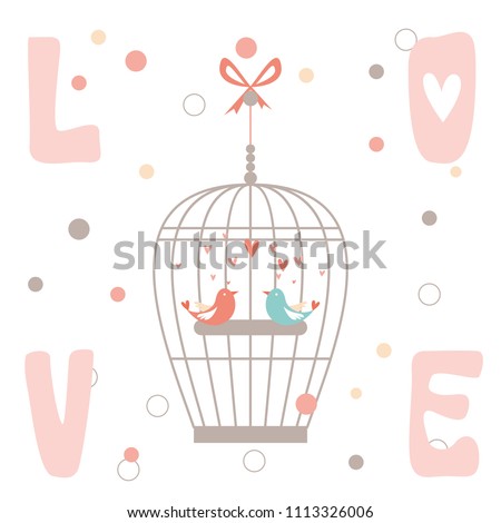 sweet lovely bird collection. Bird singing about love in a locked cage. Romantic floral background. Vector illustration