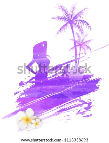 Abstract painted splash shape with silhouettes. Travel concept - palm trees, partying girl, frangipani tropical flowers. Purple watercolor imitation vector illustration.