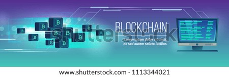 Vector blockchain concept in blue neon colors. Horizontal poster, banner with monitor with code, bitcoins mining, cryptocurrency. Illustration of internet banking, commerce in web.