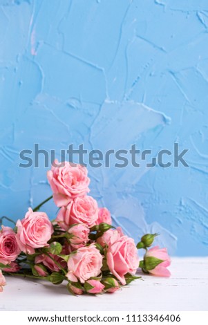 Border from pink roses flowers on  light blue textured background. Floral still life.  Selective focus. Place for text.Vertical image.