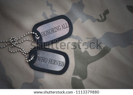 army blank, dog tag with text honoring all who served on the khaki texture background. military concept