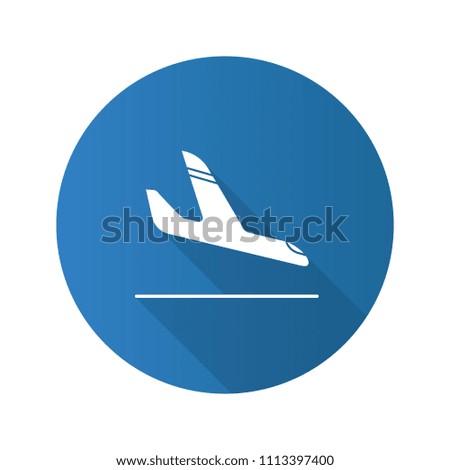 Airplane arrival flat design long shadow glyph icon. Plane landing. Raster silhouette illustration