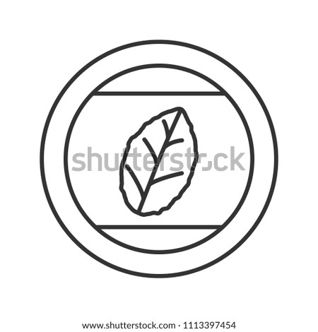 Round sticker with tobacco leaf linear icon. Thin line illustration. Mint. Contour symbol. Raster isolated outline drawing