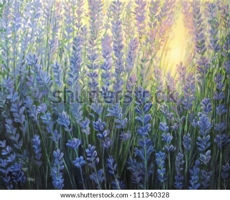 An oil painting on canvas of a violet lavender bush blooming in the last rays of the sun at dusk. Sunset light is giving a warm nuance passing through the blossoms.
