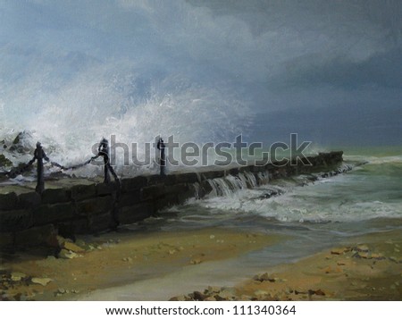 An oil painting on canvas of a winter sea storm in December with huge waves splashing over the pier and thundering sky with overhanging dark clouds.