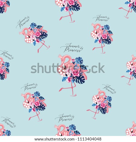 Watercolor tropic princess flamingo pattern. Hand drawn vector seamless background with pink flamingo birds in rose flowers. Wild fashion nature decoration on white blue backdrop.