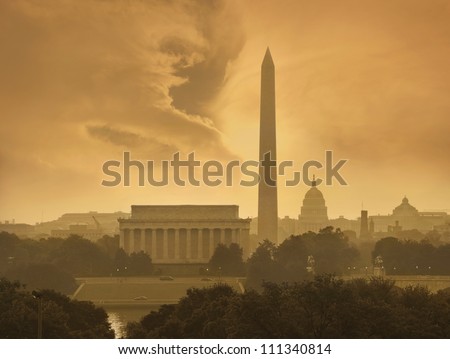 Toned image of the Washington DC skyline with menacing clouds