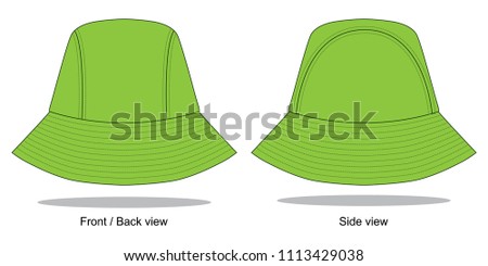 Blank green bucket hat with 3 panel template on white background.Front, back and side view.