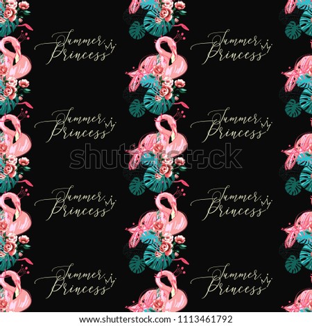 Hand drawn watercolor flamingo pattern. Seamless background with pink flamingo with crown - tropic princess. Fashion decoration with exotic birds and tropical monstera, flowers on black backdrop.