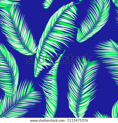 Palm Seamless Pattern. Exotic Leaves. Tropic Summer Background. Colorful Vector Palm Branches. Realistic Jungle Foliage. Palm Seamless Background for Print, Cloth Design, Textile, Wallpaper, Wrapping.