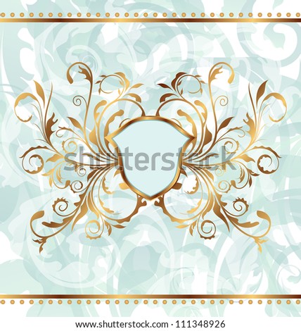 Illustration royal background with golden ornate frame and heraldic shield - vector