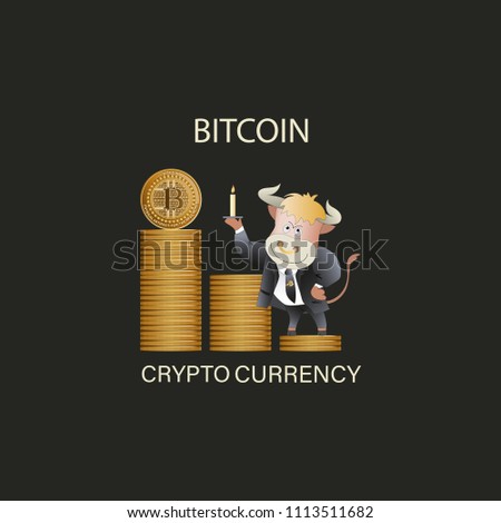 Bull businessman demonstrates bitcoin growth. The trader. Cryptography, an illustration of financial technologies, the strategy of playing on the exchange crypto currency. Cartoon style.
