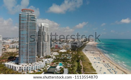 Miami Beach and city skyline from South Pointe, aerial view.