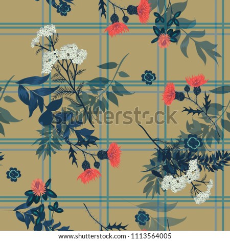 Seamless vector pattern with wild flowers, leavws, flowers.