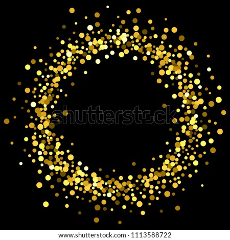 Round gold frame or border with glitter particles effect. Golden dust sparkling texture. Use for banner, greeting and Christmas card, postcard, wedding invitation. Vector illustration.
