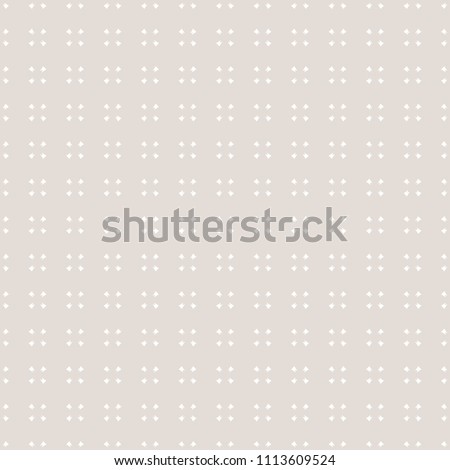Subtle vector seamless pattern with tiny flower shapes, stars, small figures. Abstract minimalist geometric texture in soft pastel colors, white and beige. Delicate repeat background. Simple design