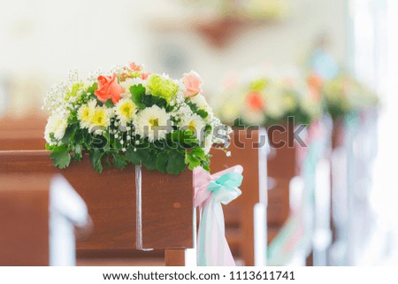 Flower wedding decoration in church, Wedding Bouquet setting in the Chapel, Wedding ceremony, copy space, selective focus 