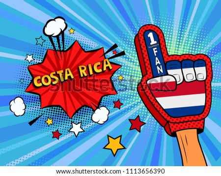 Sport fan male hand in glove raised up celebrating win of Costa Rica country flag. Costa Rica speech bubble with stars and clouds.  colorful fan illustration in retro blue comic style background