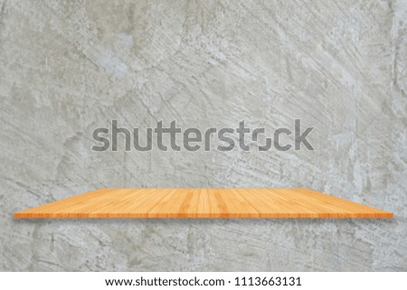 Perspective empty wooden counter old grey concrete wall texture background. For product display montage or design layout. Bamboo shelf.


