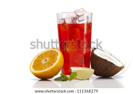 Exotic alcohol drinks set with fruits isolated on white background