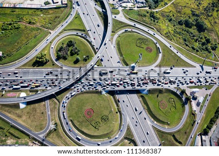 Aerial view of highway interchange in Moscow city, Russia Royalty-Free Stock Photo #111368387
