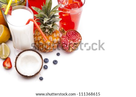 Exotic alcohol drinks set with fruits isolated on white background