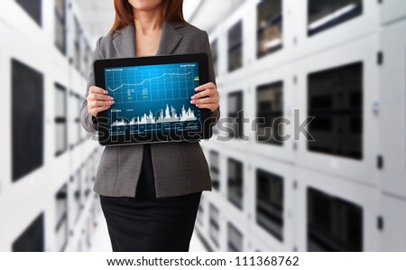Lady in data center room and graph report